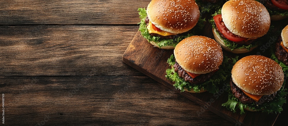 Poster close up of homemade burgers on a wooden surface. with copy space image. place for adding text or de