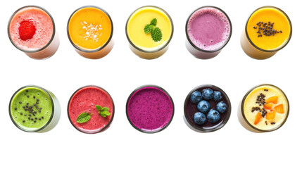 Big set of various smoothies, top view, isolated on transparent background, healthy drink assortment