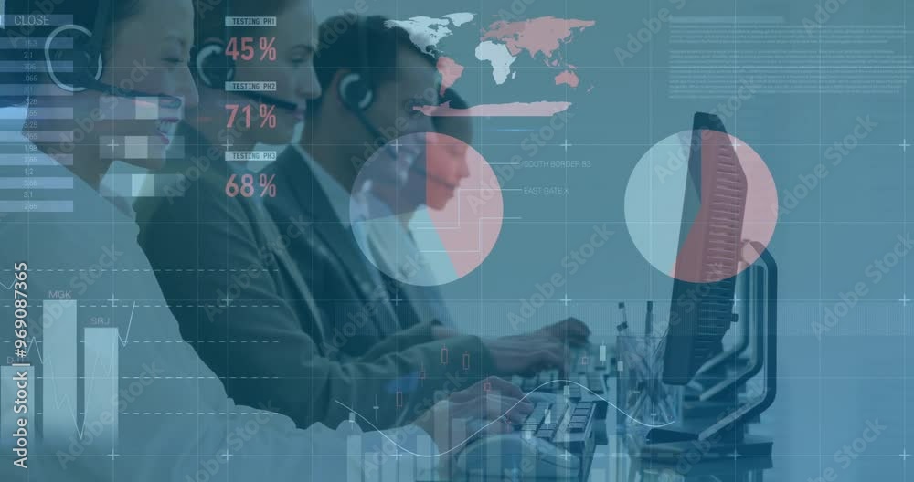 Poster animation of financial data processing over diverse colleagues using phone headsets and computers