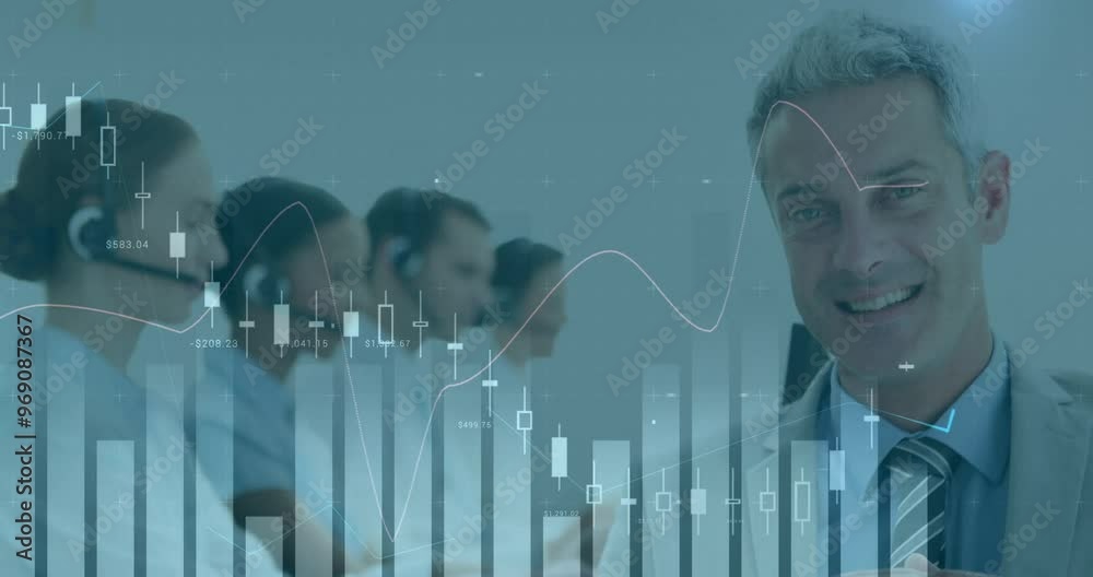 Poster animation of financial data processing over diverse colleagues using phone headsets and computers