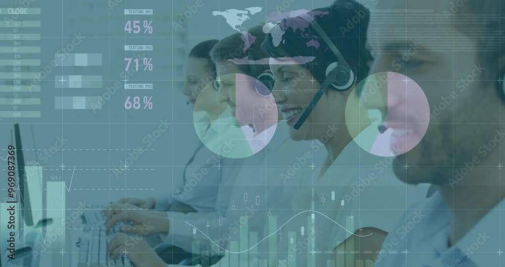 Poster animation of financial data processing over diverse colleagues using phone headsets and computers