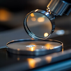 Close-up of a magnifying glass inspecting a small object on a reflective surface, highlighting the details in a scientific setting.