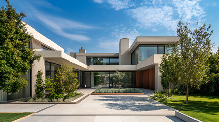Fototapeta premium Luxurious modern house exterior with outdoor dining space,modern house in the garden with beautiful landscaping 
