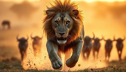 Intense Lion Chase in the Savanna	
