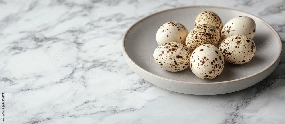 Poster quail eggs on a plate the plate rests on a marble surface. with copy space image. place for adding t