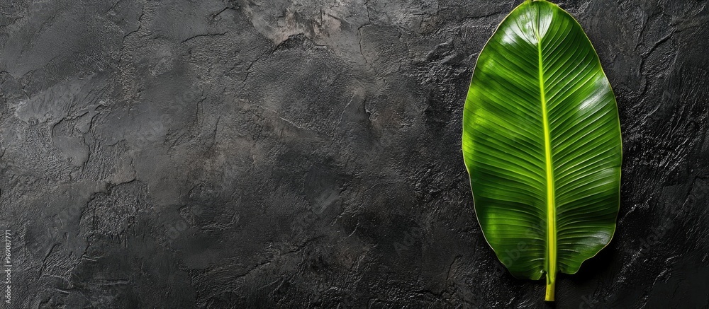 Fototapete banana leaf for serving food banana leaf set against a black background top view with copy space for