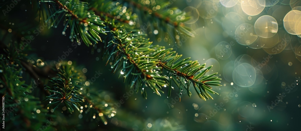 Fototapete Raindrops on Scots pine needles with a selective focus and shallow depth of field. with copy space image. Place for adding text or design