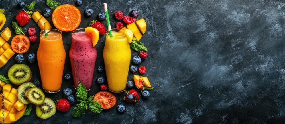 Leinwandbilder smoothies made from fresh tropical fruits chalkboard background. with copy space image. place for ad