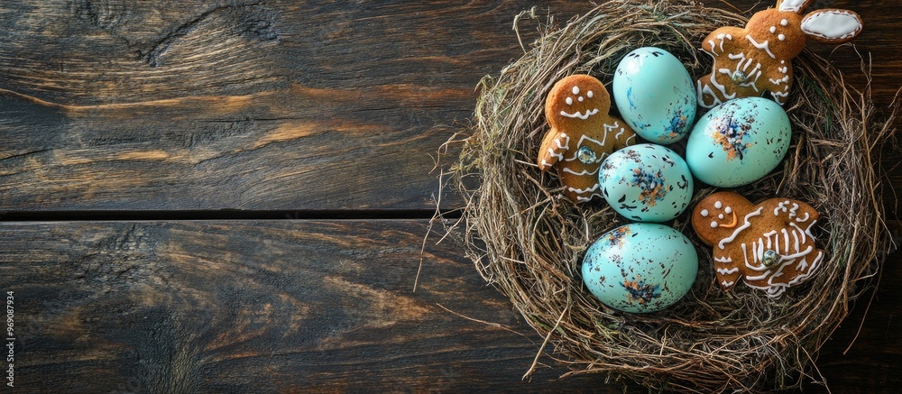Poster easter decoration idea turquoise painted quail eggs in a natural nest alongside whimsical gingerbrea