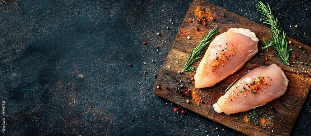 Aufkleber raw chicken breast for grilling with spices and herbs on a dark background top view raw chicken for 