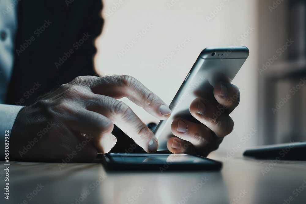 Poster Business man working at office Hands of business person using a smart phone on the desk.