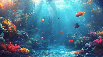 A vibrant underwater scene showcasing colorful fish and coral thriving in their natural habitat, illuminated by sunlight.