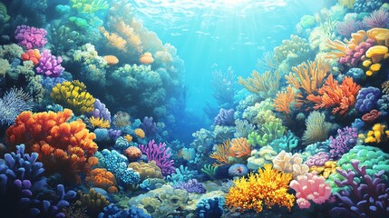 Naklejka premium A vibrant underwater scene showcasing colorful corals, fish, and sunlight filtering through the ocean surface.