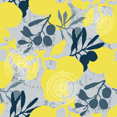 Seamless Pattern with Olives and lemons. Color sketch style hand drawn background. Detailed illustration, hand drawn. Great for fabric and textile, prints, invitation, packaging, or any desired idea.