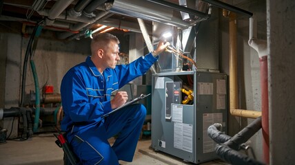 HVAC Technician Inspecting Furnace in Dimly Lit Basement