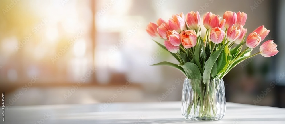 Aufkleber a bouquet of lovely tulips in a glass vase on a white table indoors room for text. with copy space i