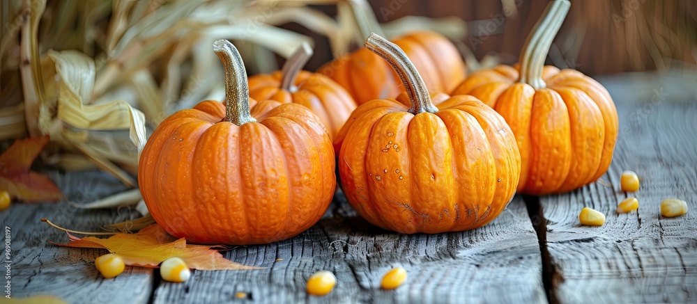 Poster Yellow and orange pumpkins corn and autumn leaves on a wooden background for a harvest fall and Thanksgiving theme. with copy space image. Place for adding text or design