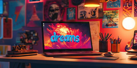 A brightly lit desk, with a laptop showing "dreams" and colorful motivational posters hanging nearby.