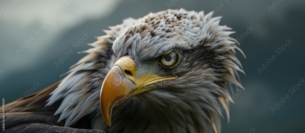 Poster close up portrait of an eagle in a mountainous natural landscape. with copy space image. place for a