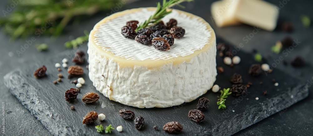 Poster Round white homemade goat cheese on a slate board accompanied by raisins. with copy space image. Place for adding text or design