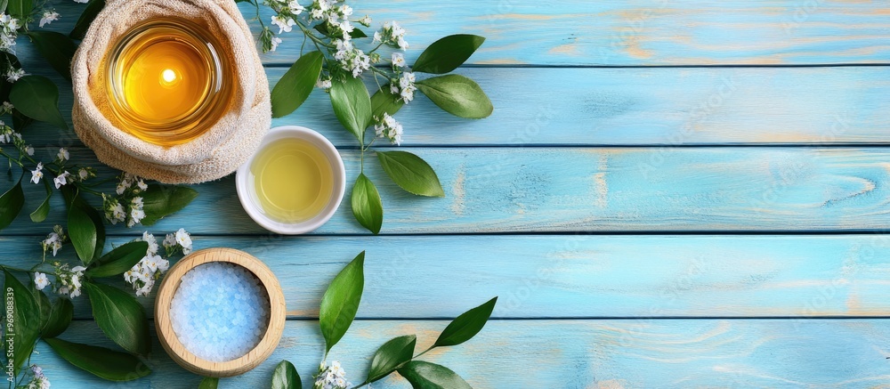 Poster spa arrangement featuring tea tree oil on a blue wooden surface. with copy space image. place for ad
