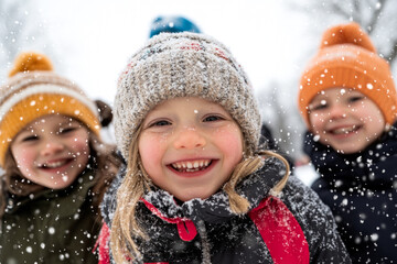 Happy Children Playing in Snowy Winter Weather