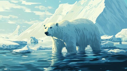 Naklejka premium An elegant polar bear standing on ice, surrounded by a serene Arctic landscape. A stunning depiction of wildlife in its natural habitat.