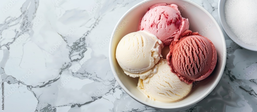 Poster scoops of cream ice cream in a cup on a marble kitchen table top view with copy space