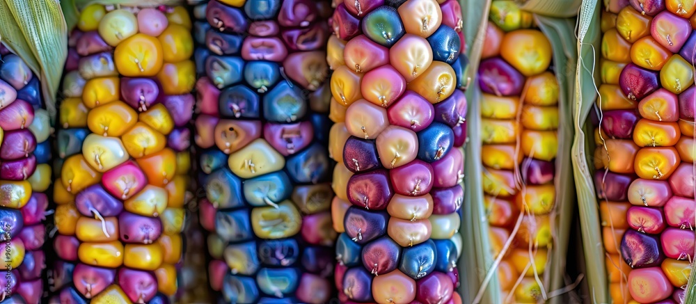 Poster fresh corn cobs on a colorful background. with copy space image. place for adding text or design