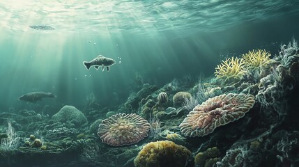 Fototapeta premium Beneath the waves, vibrant coral reefs thrive with diverse marine life and sunlit waters, showcasing nature's underwater beauty.