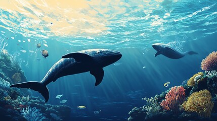 Breathtaking underwater scene featuring serene sea mammals gliding through vibrant coral reefs under shimmering sunlight.