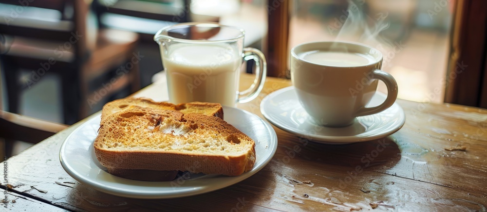 Poster Milk with coffee a traditional Brazilian breakfast beverage served hot and steaming accompanied by bread and toast. with copy space image. Place for adding text or design