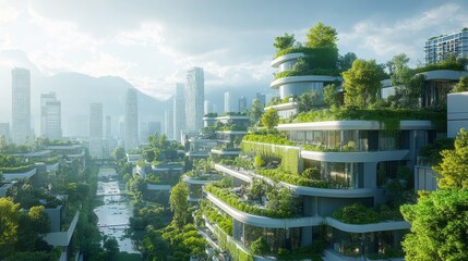 Obraz premium Futuristic city with AI-managed waste-free environmental systems: A clean, high-tech city where waste is automatically converted into energy or resources.