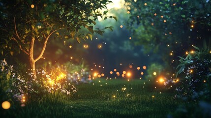 Naklejka premium A tranquil summer evening scene with fireflies illuminating a garden. The soft glow of the fireflies adds a magical touch to the warm, summer night