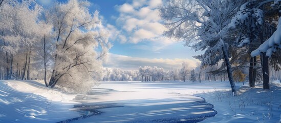 Winter tree branches blanketed in white snow create a wonderland scene A serene winter image. with copy space image. Place for adding text or design