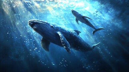 Obraz premium Majestic whale and calf swimming gracefully in tranquil blue ocean, illuminated by sunlight filtering through water surface.