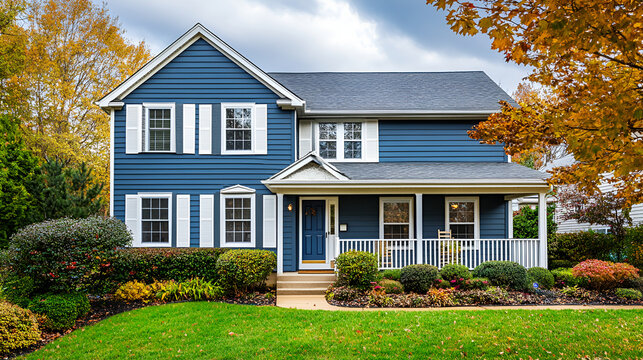 facade of a cape cod style home with a contrasting colored side gable roof,Traditional Suburban Home With A Clear Blue Sky Backdrop