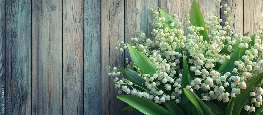 Poster bouquet of lilies of the valley in a frame against a wooden background. with copy space image. place