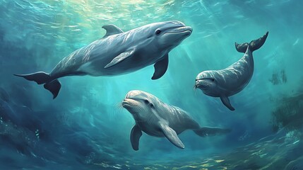 Fototapeta premium Three dolphins swimming gracefully in a vibrant underwater scene, showcasing marine beauty and aquatic harmony.