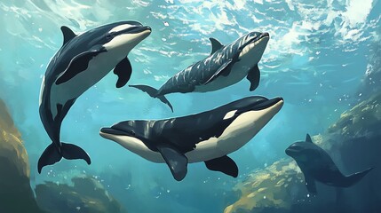 Three dolphins gracefully swim through clear blue waters, showcasing their playful nature and beauty in an underwater scene.
