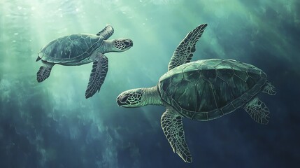 Two graceful sea turtles swim together in crystal clear water, showcasing their majestic beauty and serene underwater ecosystem.