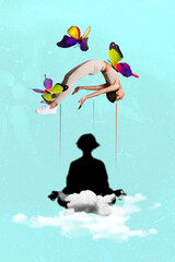 Vertical photo collage of shadow girl sit clouds jump spiritual degeneration meditation buddhism butterflies isolated on painted background