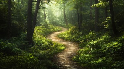Obraz premium A tranquil woodland path winding through a lush, green forest. The vibrant foliage and the soft light streaming through the trees create a serene and inviting natural trail.
