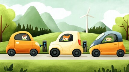 Obraz premium A cartoon cars are charging at an electric station with windmills, AI