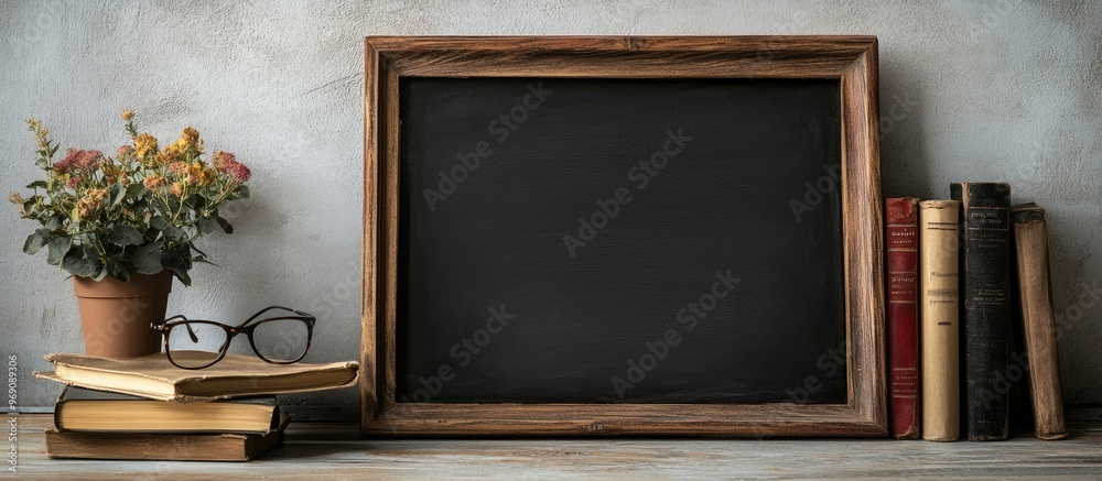 Poster Chalkboard mockup frame alongside old books and eyeglasses on a tabletop in a home setting. with copy space image. Place for adding text or design