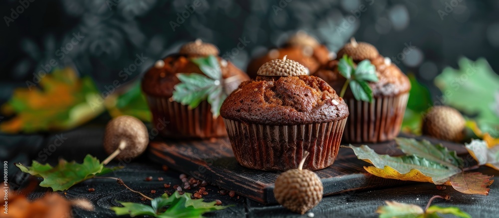 Aufkleber acorns in green muffins on a black background with copy space low key