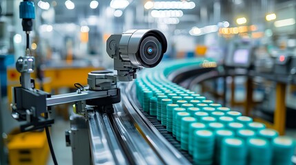 Fototapeta premium Industrial camera monitoring production line with rounded packaging bottles in a modern manufacturing facility.