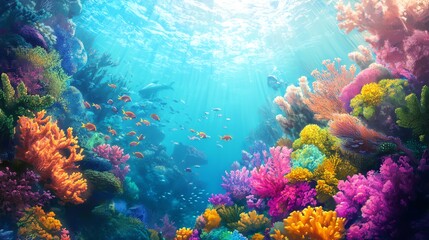 Fototapeta premium Vibrant underwater coral reef scene showcasing colorful coral formations and schools of fish in clear blue water.