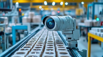 A high-resolution camera monitors a production line, capturing details of items moving on a conveyor belt in an industrial setting.