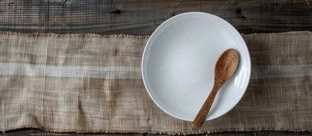 Poster Empty white plate with spoon and fork on a burlap background. with copy space image. Place for adding text or design